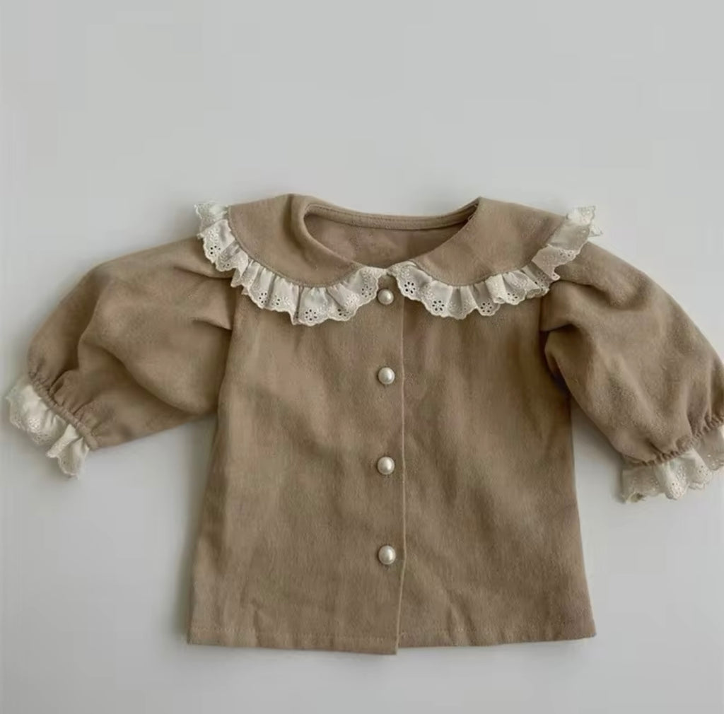 Pearl Collar Top Brown